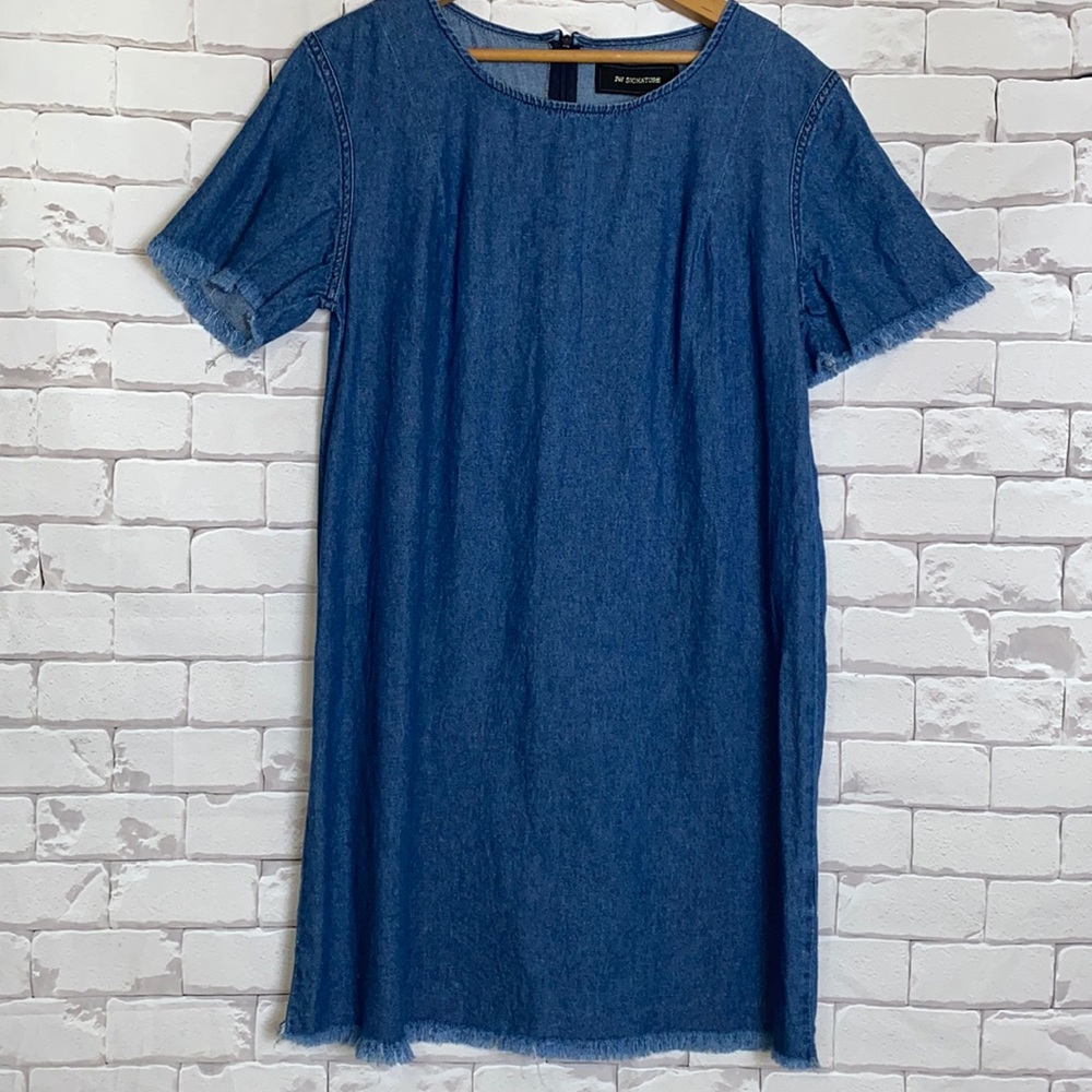 JW Signature denim dress shirt raw hem sleeves zipper back - dark wash - medium